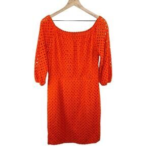 W by Worth Women Orange Eyelet 3/4 Sleeve Scoop Neck Pockets Sheath Dress Size 8